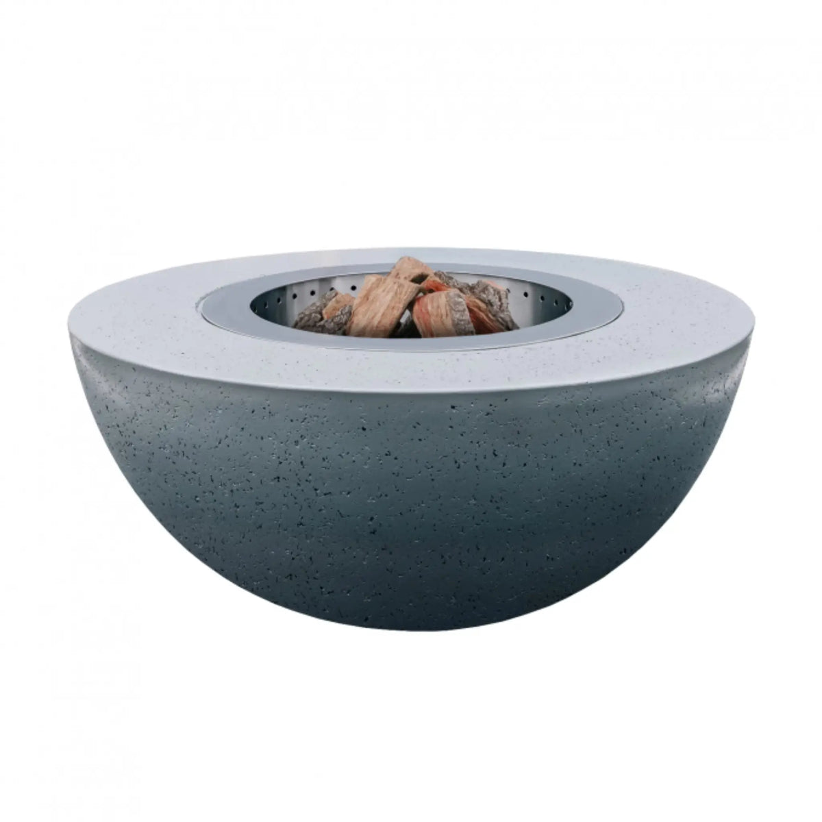 LUME Surround 1 Slate grey GFRC fire bowl with logs in the stainless steel smokeless insert