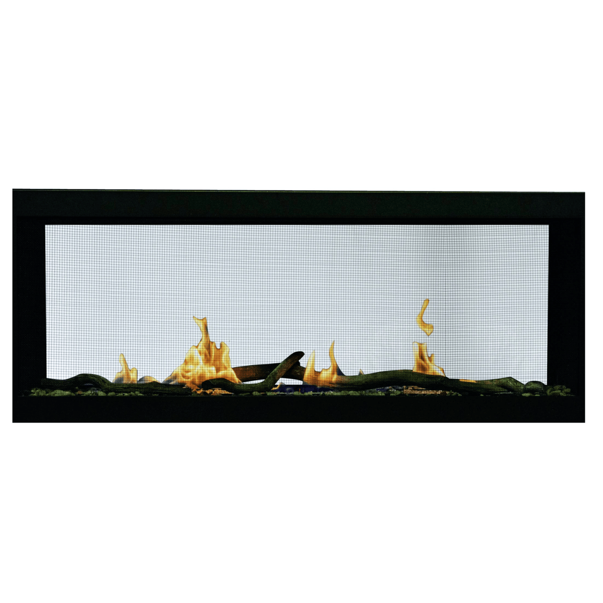 Front view of Sierra Flame Emerson 48 slim see-through gas fireplace with black surround and log set