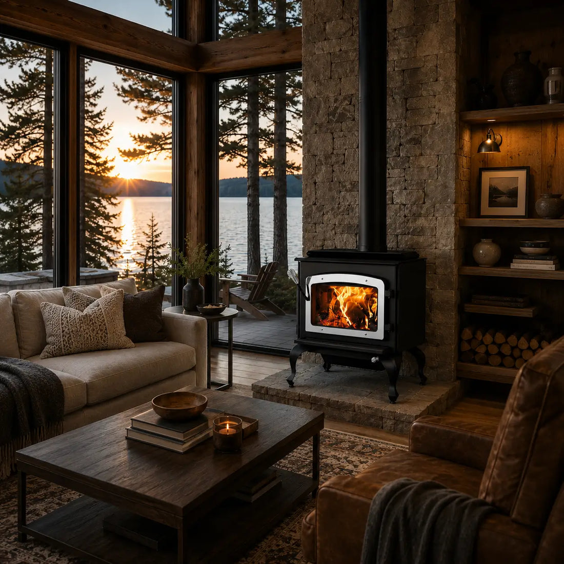 Cozy cabin living room with a black wood burning stove and stacked firewood beside a lakeside window