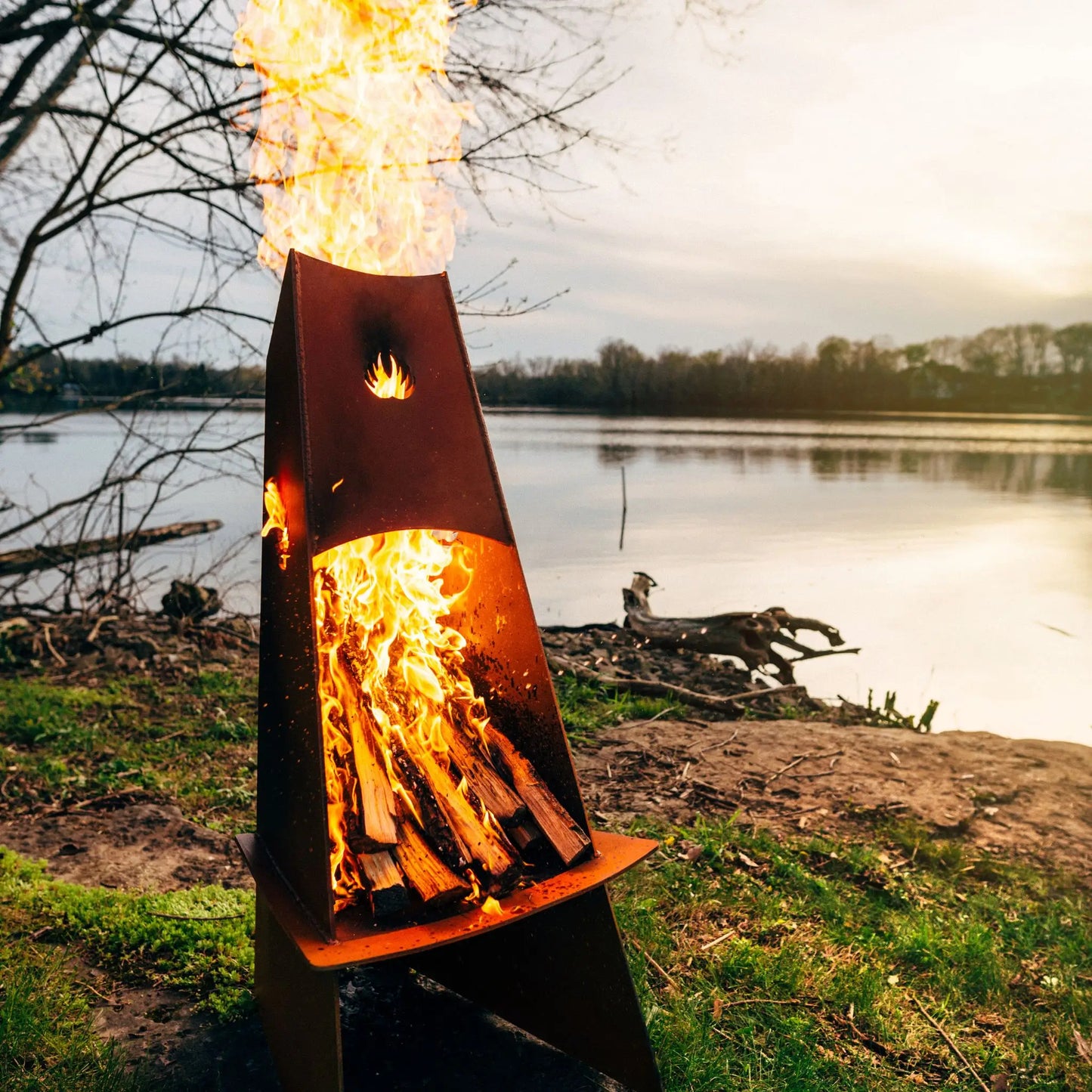 Fire Pit Art Vesuvius Wood Burning Fire Pit – Vertical Trilateral Steel Outdoor Fire Pit – Additional View