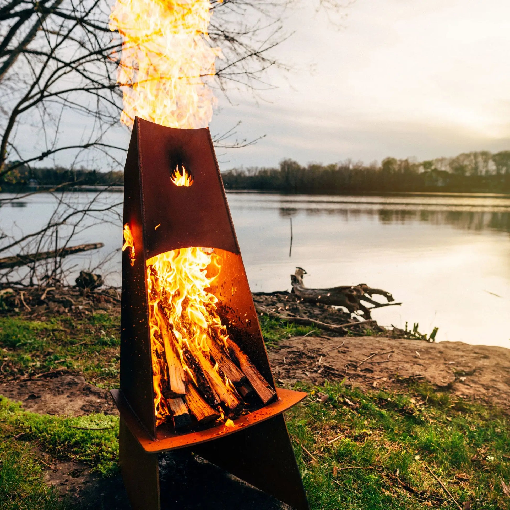 Fire Pit Art Vesuvius Wood Burning Fire Pit – Vertical Trilateral Steel Outdoor Fire Pit – Additional View