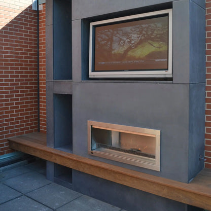 Fire Gear Kalea Bay Outdoor Linear Gas Fireplace – Corner Installation Lifestyle View