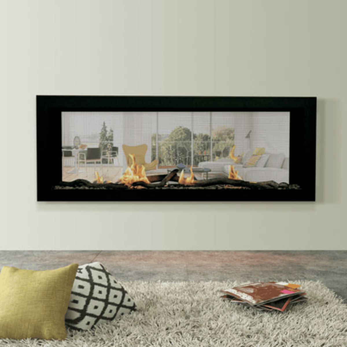 Sierra Flame Emerson 48 see-through linear gas fireplace on a wall with a view through to the next room