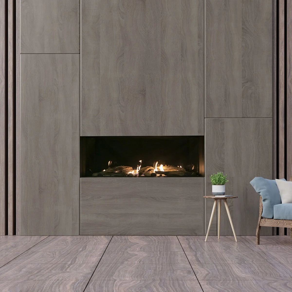 Modern fireplace with wooden paneling and a small plant on a stool.