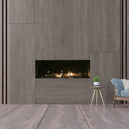 Modern fireplace with wooden paneling and a small plant on a stool.