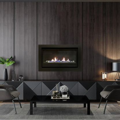 Sierra Flame Boston 36 gas fireplace in a dark wood-paneled media wall