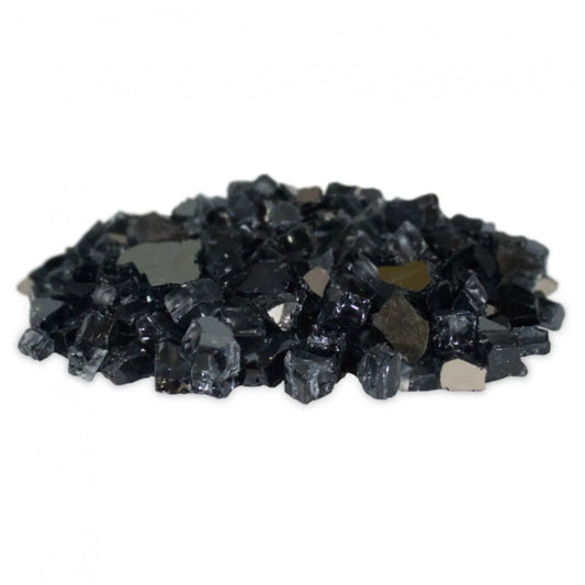 A pile of polished black glass fire stones on a plain white background.