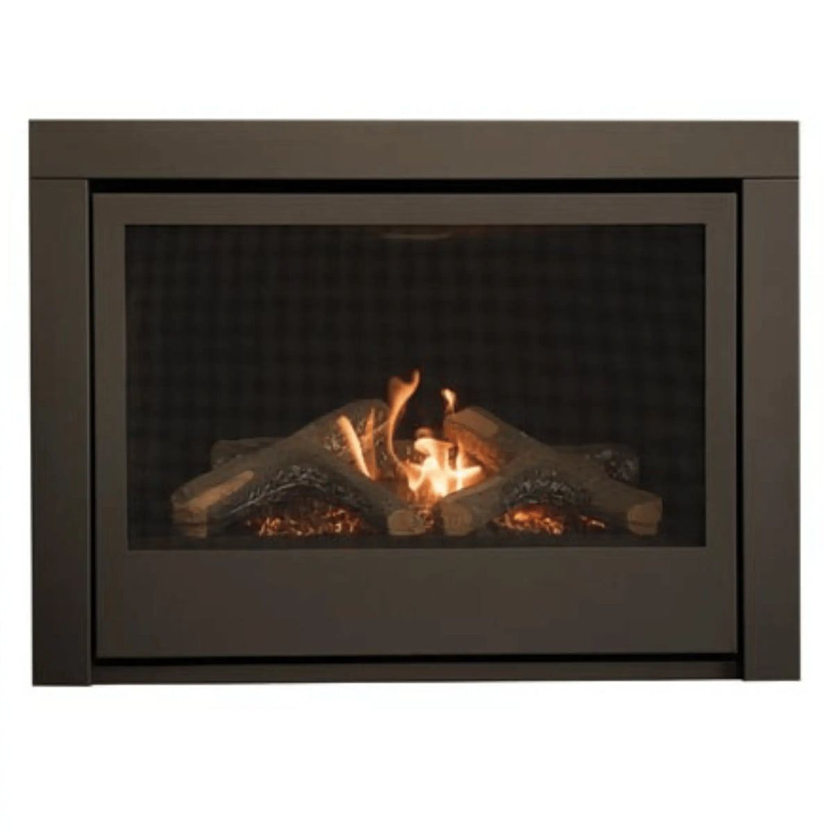 Sierra Flame Thompson 36 direct vent gas fireplace with black surround, front view with log set