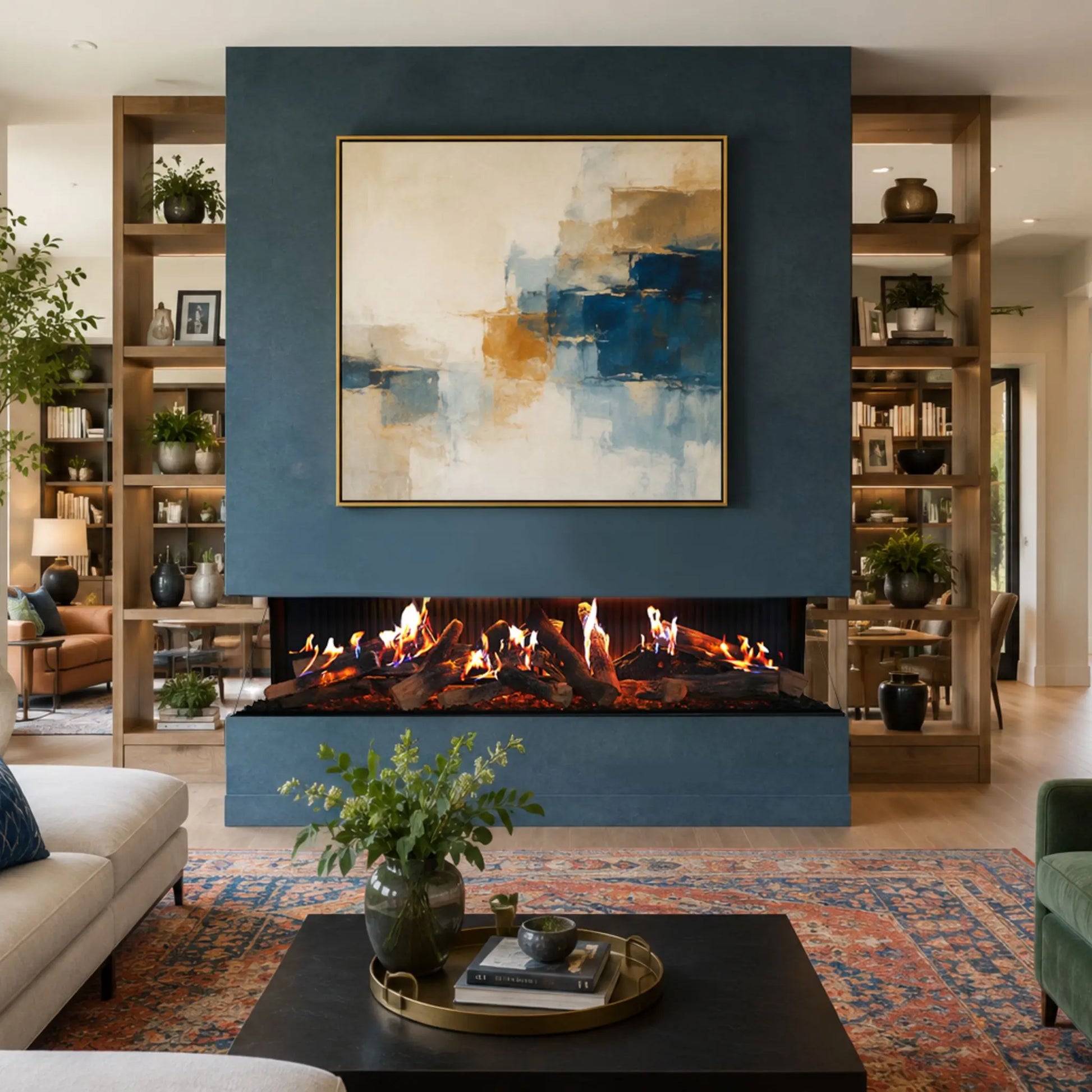 A large framed abstract painting in blue, beige, and white tones hangs above a modern fireplace in a styled living room with built-in wooden shelves, plants, and a patterned rug.