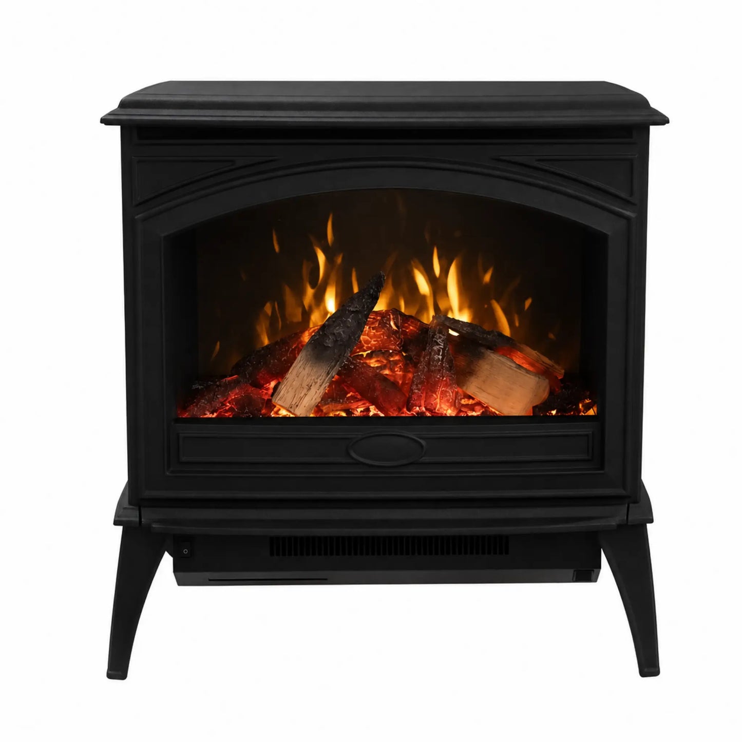 Black electric fireplace stove with realistic faux logs and flames, shown against a solid white background.