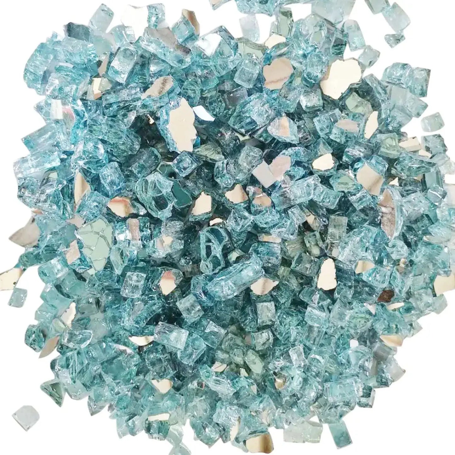 A pile of light blue glass mosaic chips on a white background.