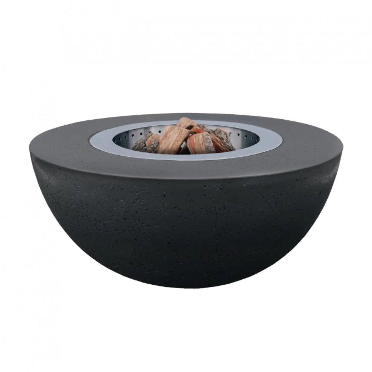 LUME Surround 1 Raven black GFRC fire bowl with logs in the stainless steel smokeless insert