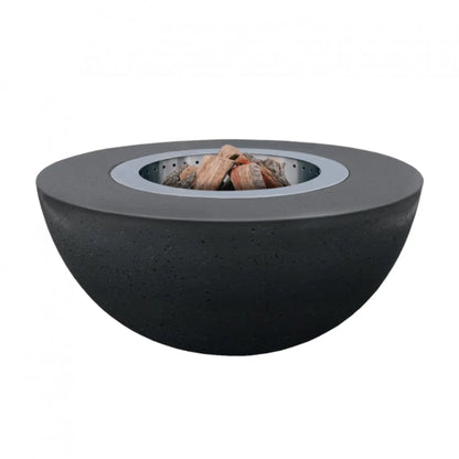 LUME Surround 1 Raven black GFRC fire bowl with logs in the stainless steel smokeless insert
