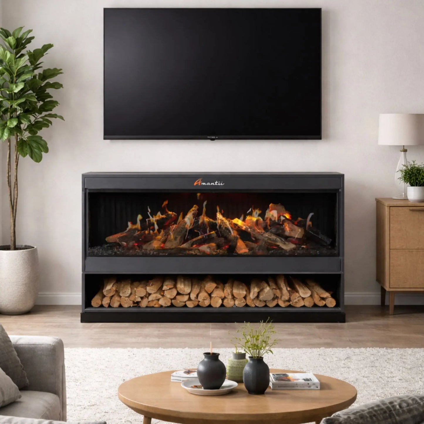 Amantii Holo Pedestal Display Stand in a modern living room, freestanding electric fireplace with log storage beneath a wall-mounted TV