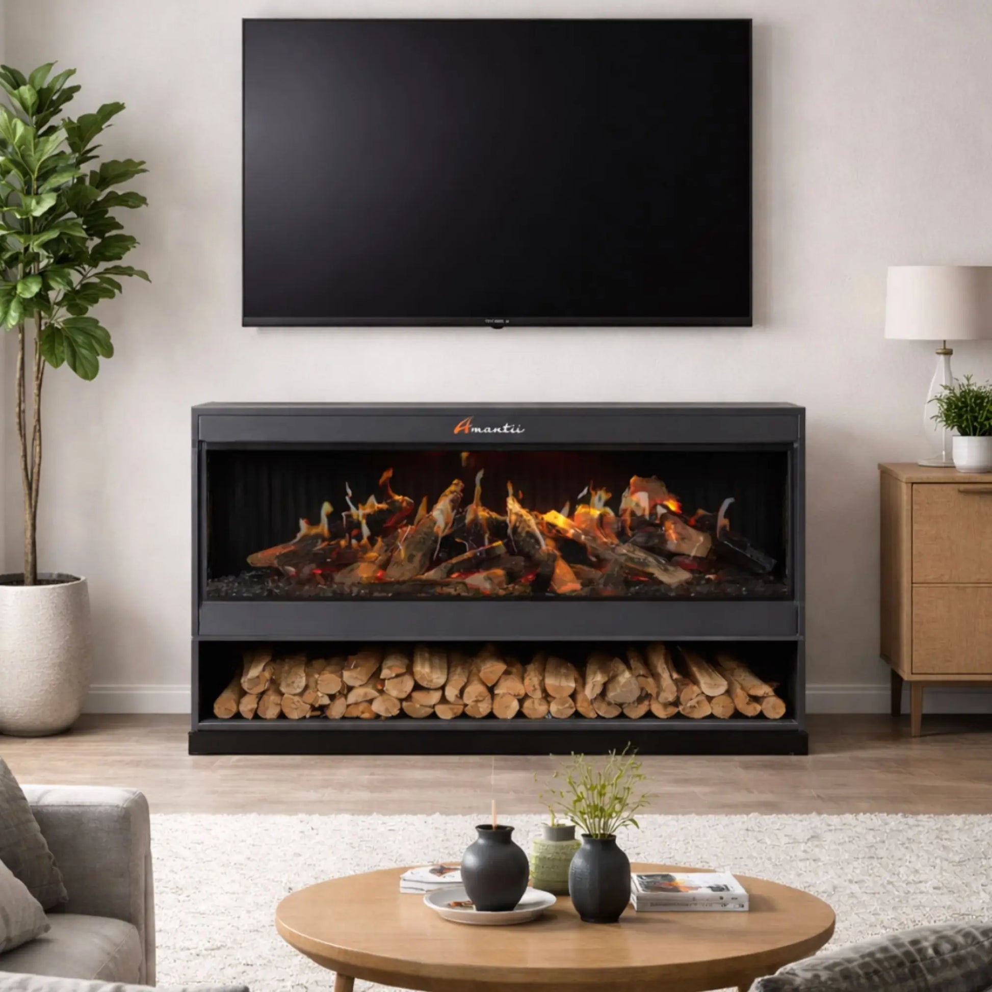 Amantii Holo Pedestal Display Stand in a modern living room, freestanding electric fireplace with log storage beneath a wall-mounted TV