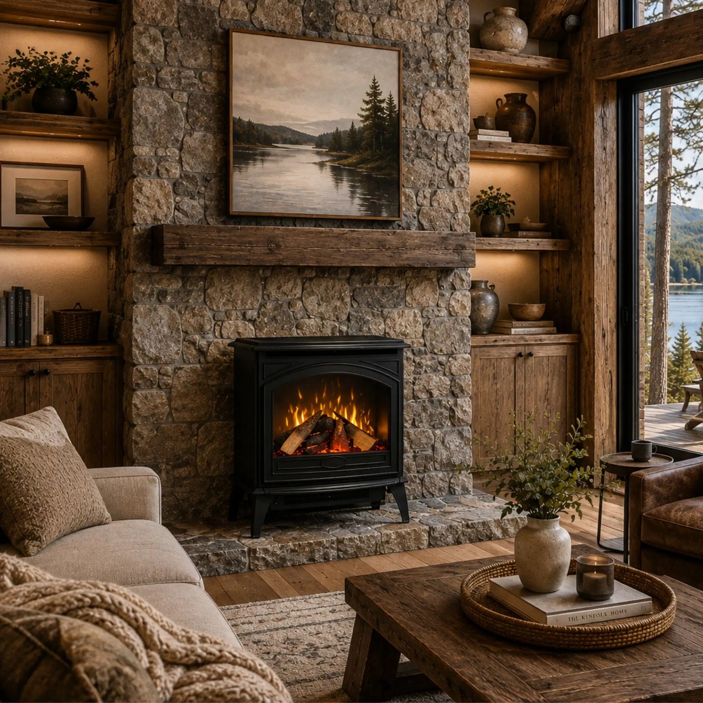 A black wood-burning fireplace insert mounted in a rustic stone wall, styled in a cozy cabin living room with a sofa, wooden shelves, and a window overlooking water.