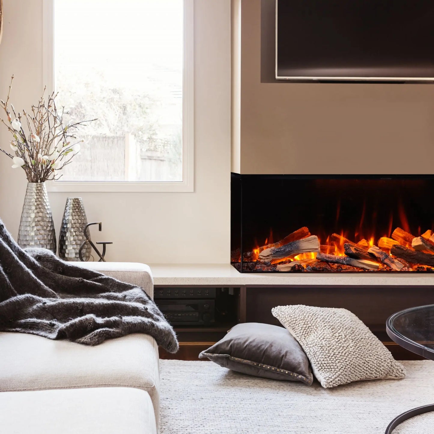 Amantii Fire & Ice LumaForest 3-Sided Electric Fireplace - Panoramic Flame Detail View