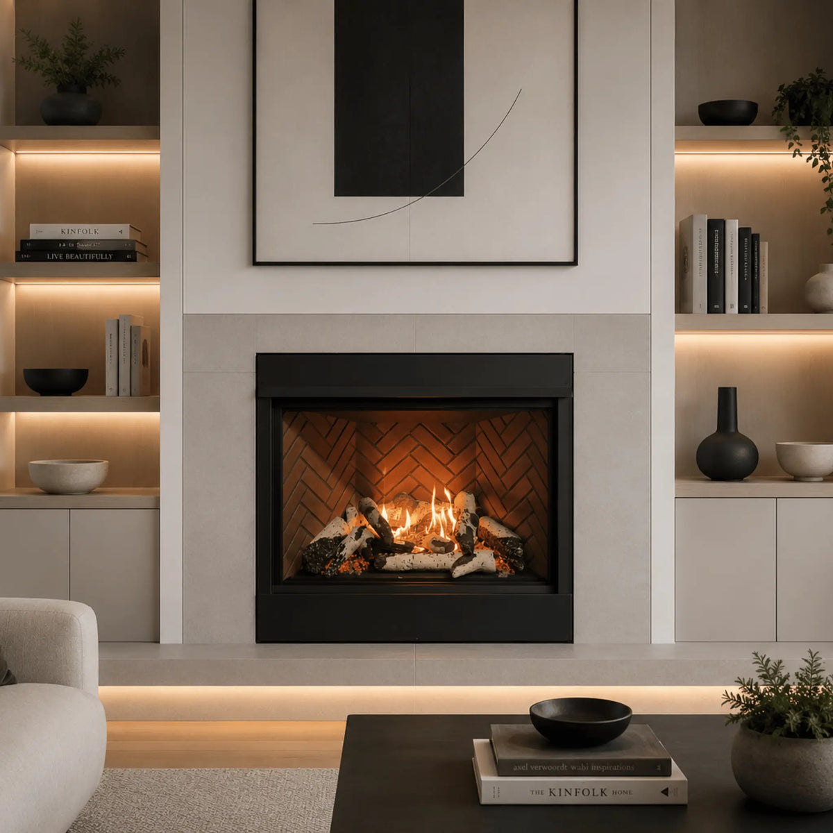 Sierra Flame Jasper 2824 gas fireplace with black surround in a modern living room with built-in shelving