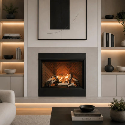 Sierra Flame Jasper 2824 gas fireplace with black surround in a modern living room with built-in shelving