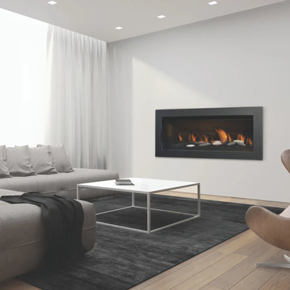 Sierra Flame Stanford 55 direct vent gas fireplace with river stones in a bright modern living room