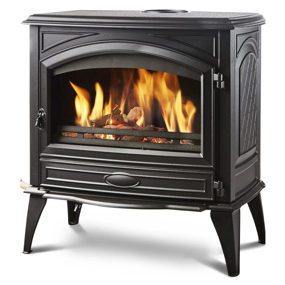 A black cast iron wood-burning stove with a glass front door showing a fire with orange and yellow flames, set against a plain white background.