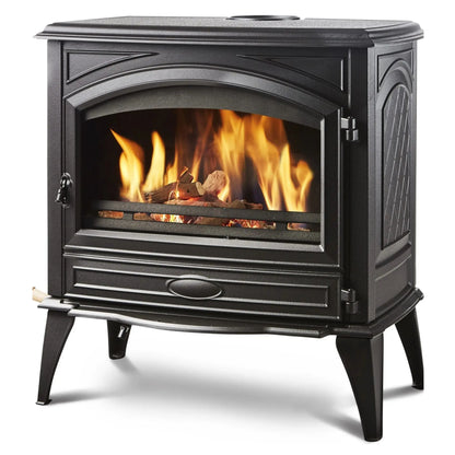 A black cast iron wood-burning stove with a glass front door showing a fire with orange and yellow flames, set against a plain white background.