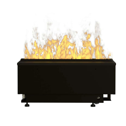 Studio product photo of the Optimyst water vapor cassette insert on a white background, showing the tall multi-color flame and smoke effect rising from the black rectangular housing.
