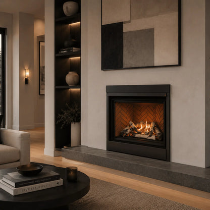 Sierra Flame Jasper 3624 zero clearance gas fireplace with herringbone brick liner in a modern living room