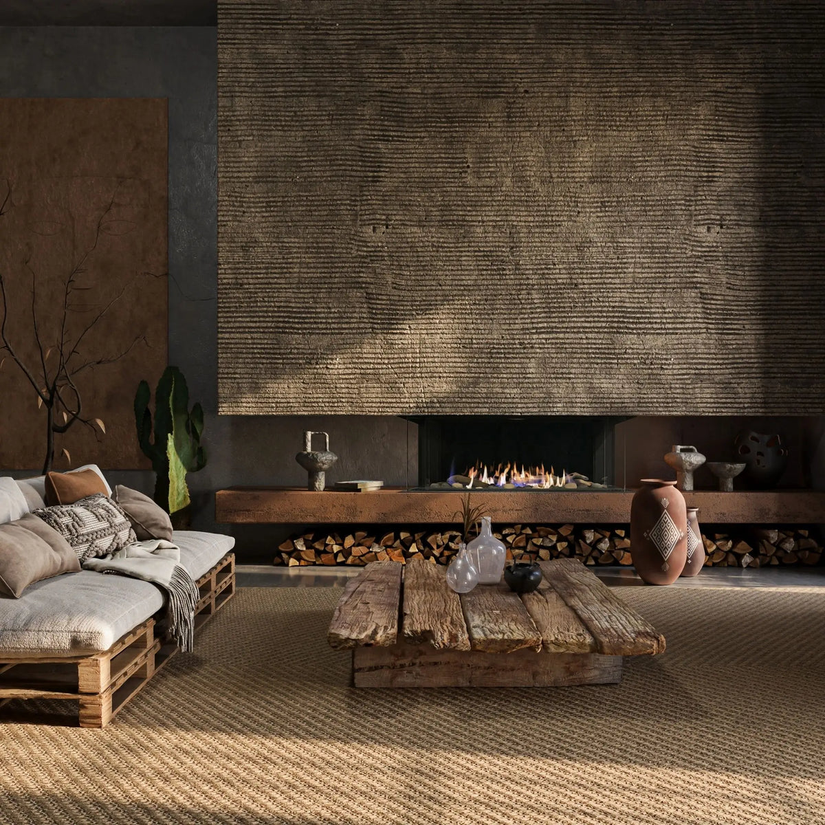 Cozy living room with a fireplace, wooden coffee table, and textured walls.