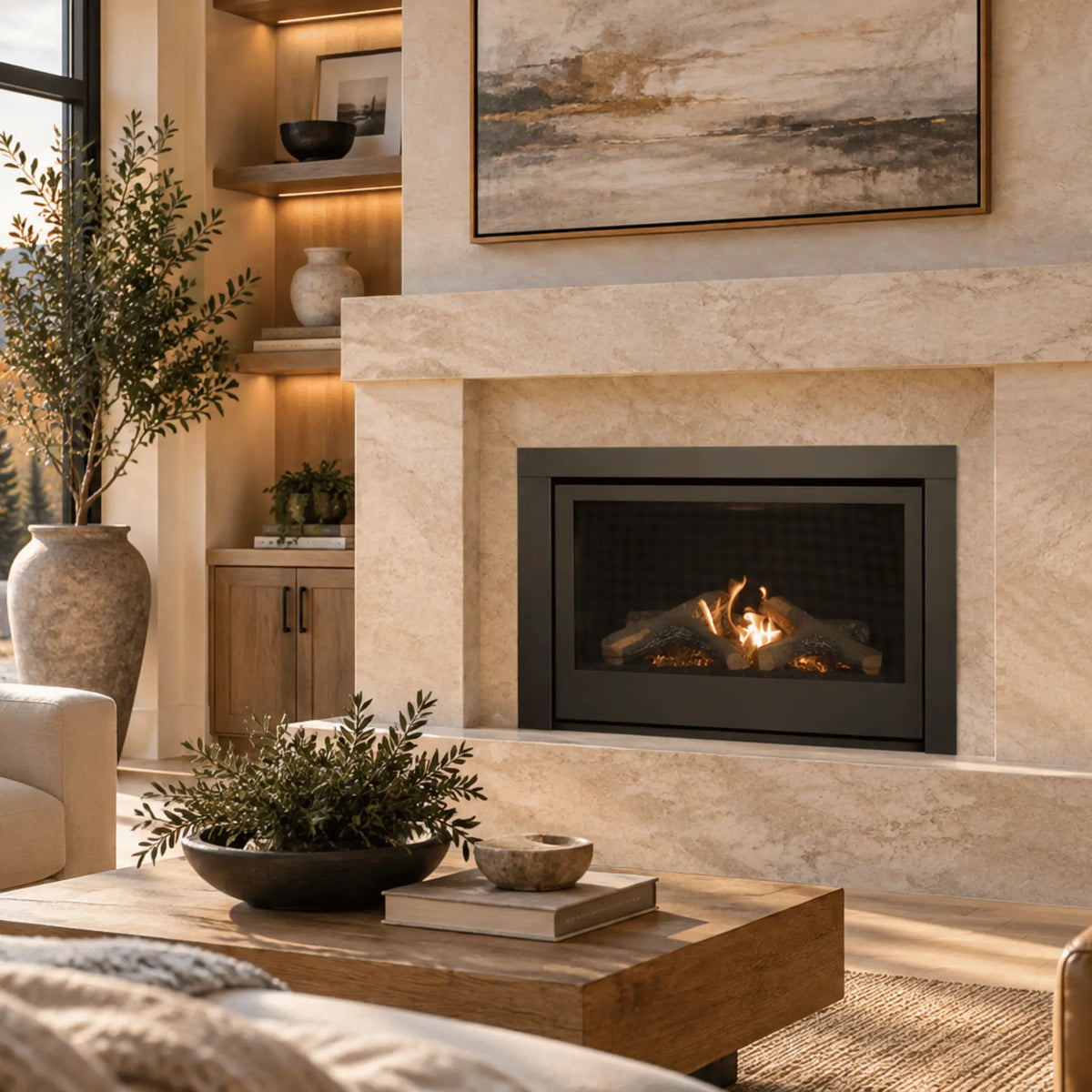 Sierra Flame Thompson 36 gas fireplace with stone mantel in a warm living room with built-in shelves