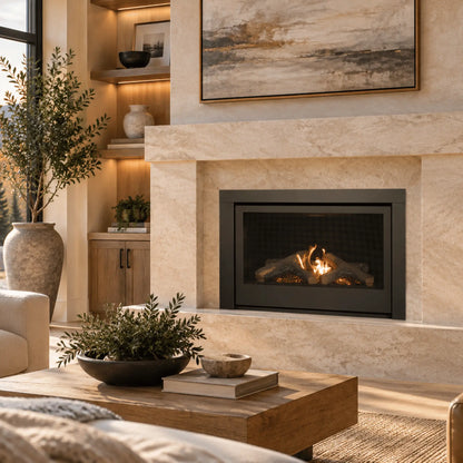 Sierra Flame Thompson 36 gas fireplace with stone mantel in a warm living room with built-in shelves