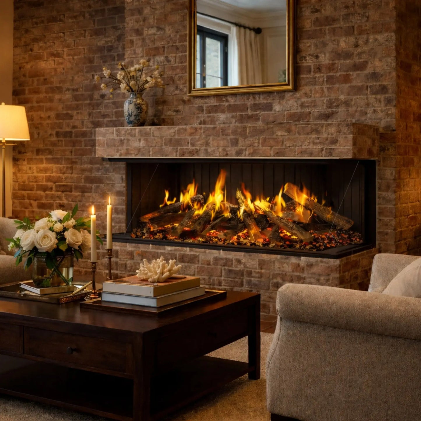 A 3-sided linear electric fireplace with glowing log set and orange flames, built into a weathered brick wall beneath a gold-framed mirror, with a wood mantel holding a vase of flowers, white roses, lit taper candles, and a coffee table in a cozy living room.