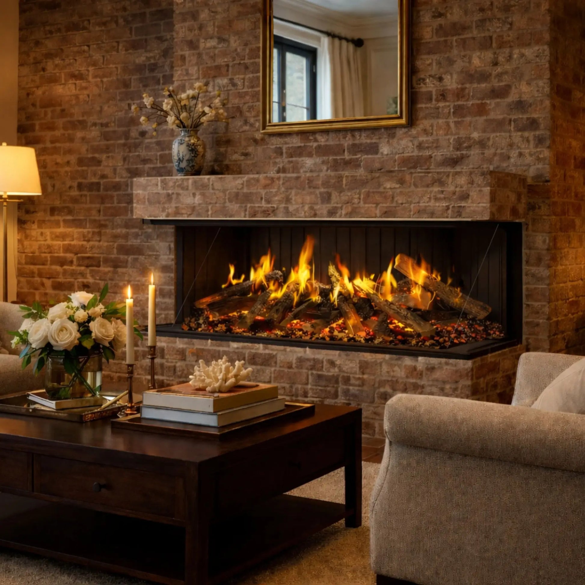 A 3-sided linear electric fireplace with glowing log set and orange flames, built into a weathered brick wall beneath a gold-framed mirror, with a wood mantel holding a vase of flowers, white roses, lit taper candles, and a coffee table in a cozy living room.