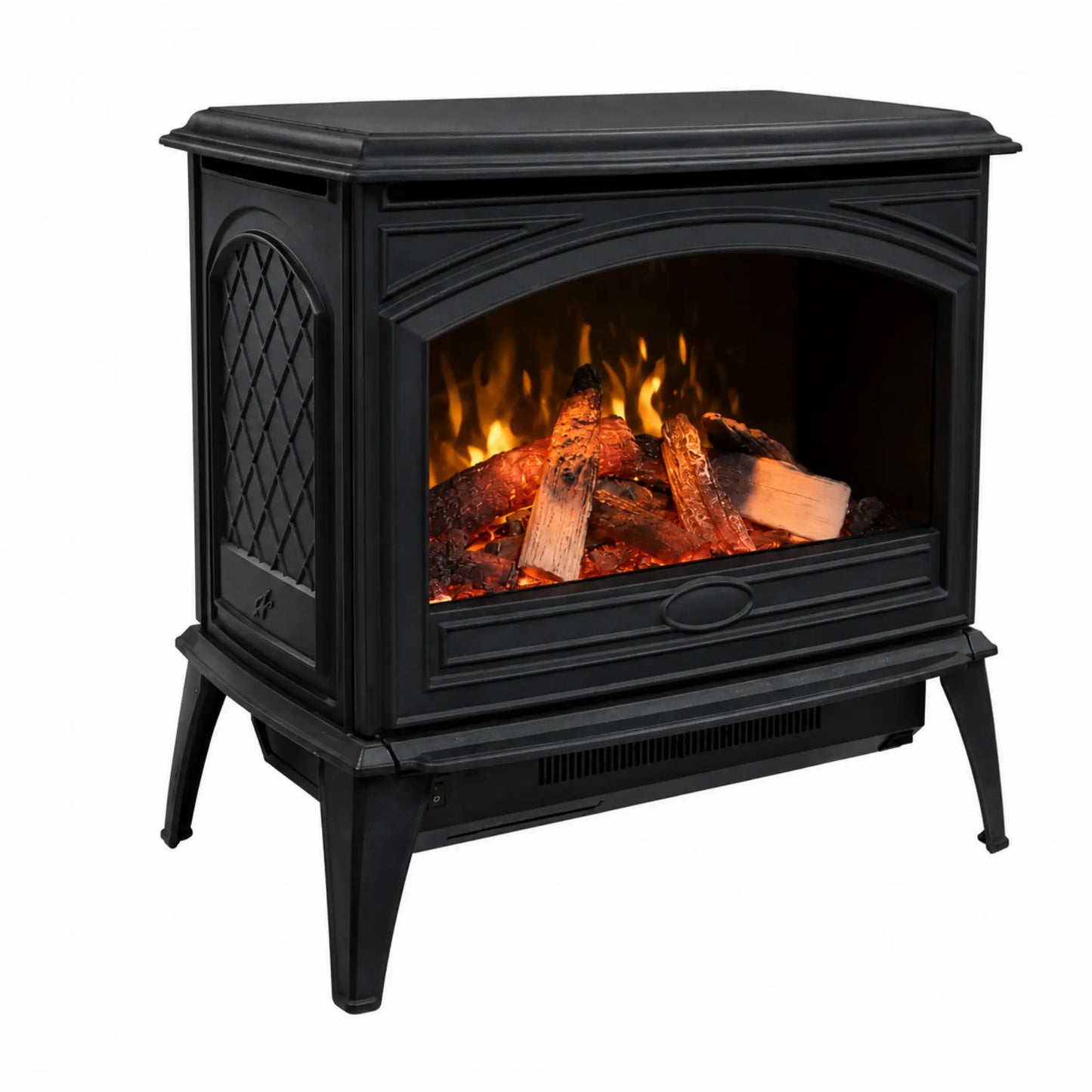 Black electric fireplace stove with faux logs and glowing flames inside, shown on a plain white background.