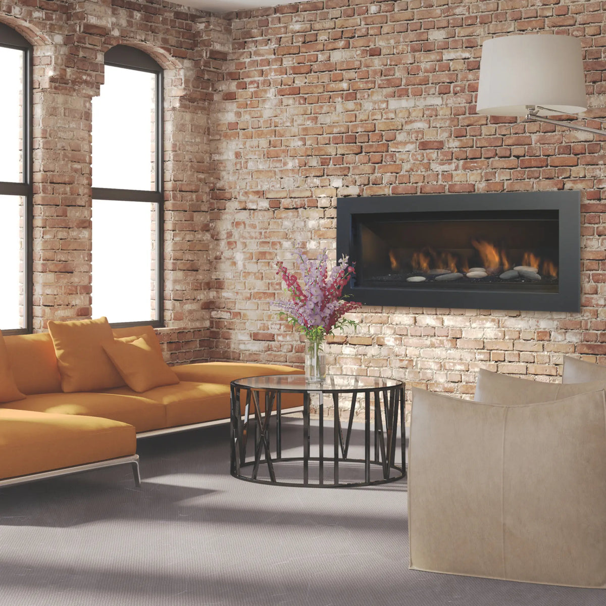 Sierra Flame Stanford 55 linear gas fireplace on an exposed brick wall in a loft living room