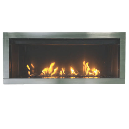 Sierra Flame Tahoe 45 stainless steel outdoor gas fireplace, front view with flames