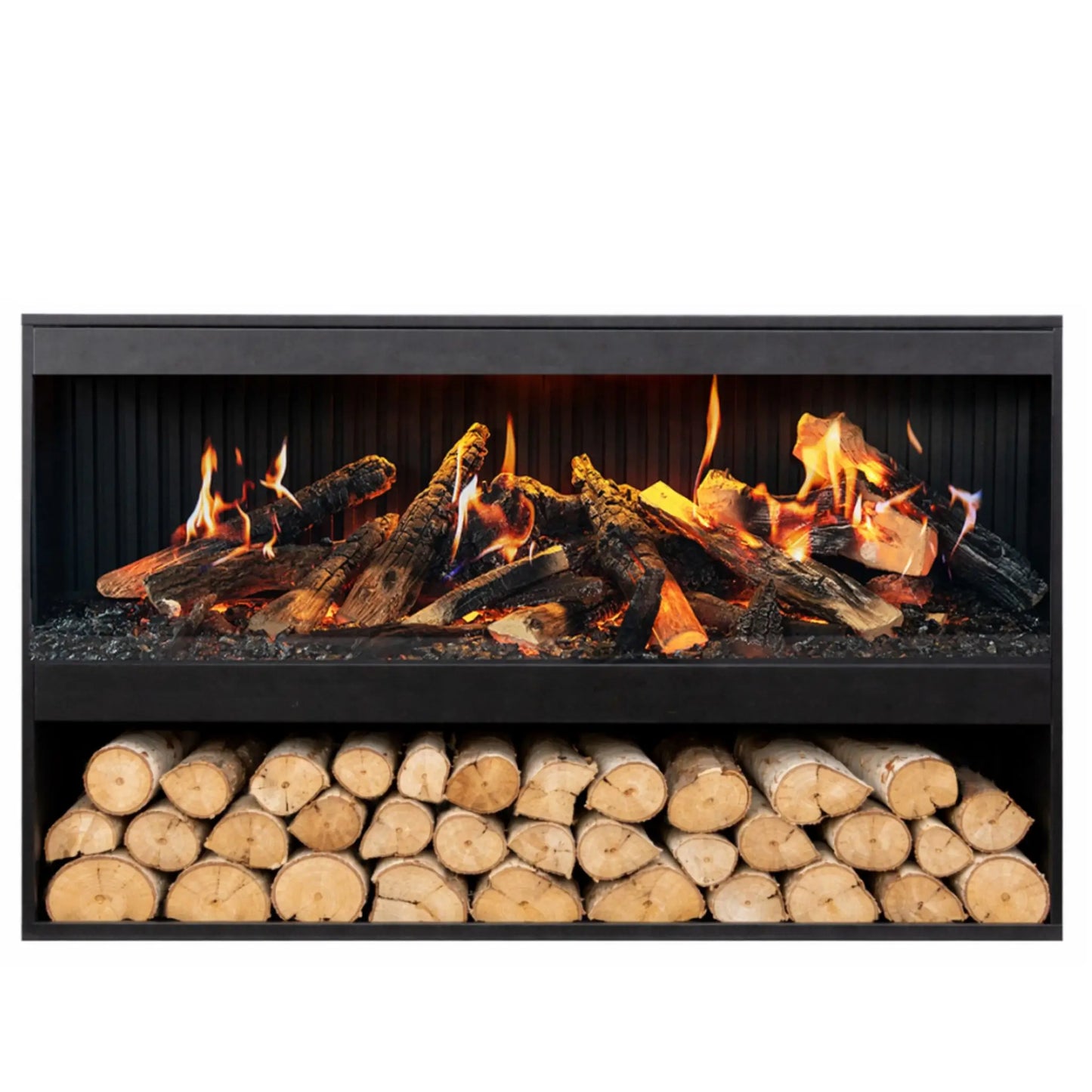 Close-up front view of the Amantii Holo Pedestal Display Stand showing the lit electric fireplace and lower log storage compartment