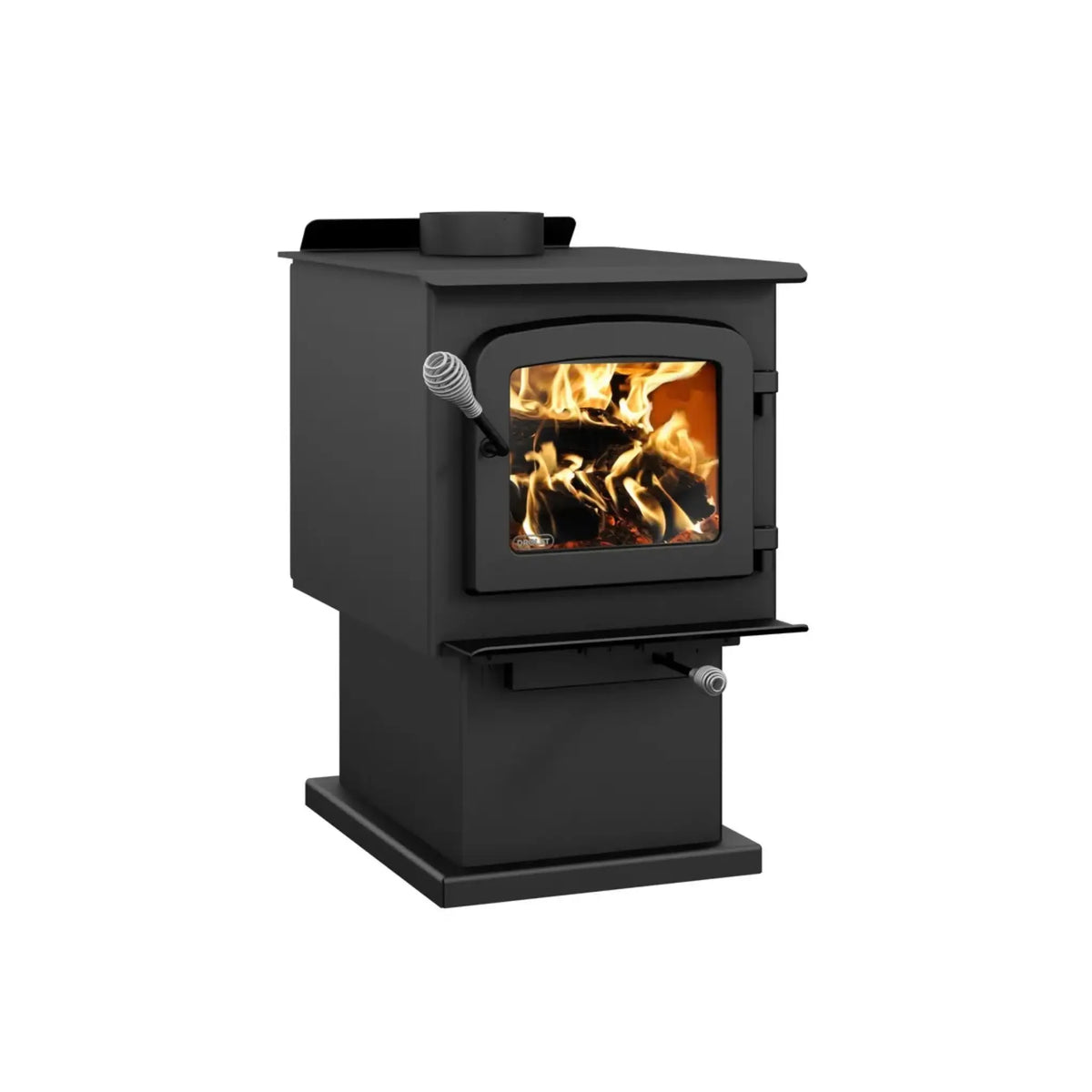 Drolet Escape 1200 N pedestal wood stove - right side angle view