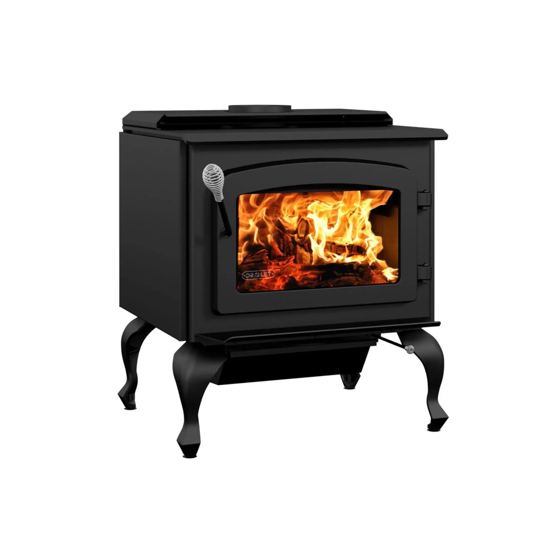Drolet Escape 1800 Wood Stove On Legs - Side View with Cast Iron Legs