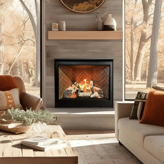 Sierra Flame Jasper 2824 compact zero clearance gas fireplace with herringbone brick liner beside a window