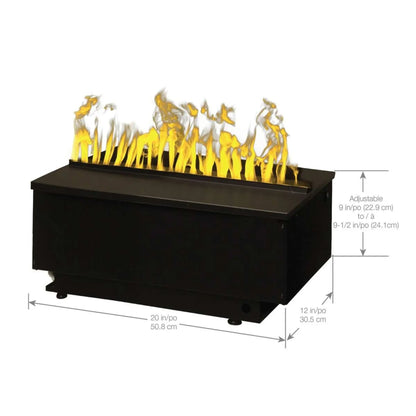 Angled product photo of the Optimyst water vapor cassette insert with dimension callouts showing 20 inches wide, 12 inches deep, and an adjustable flame height of 9 to 9.5 inches.