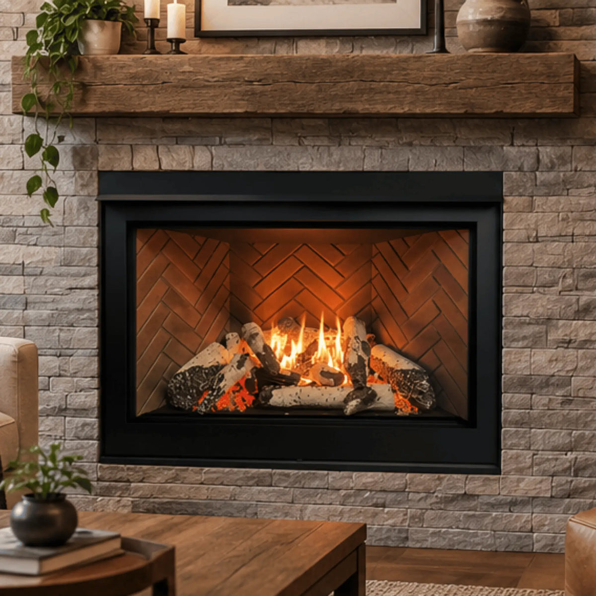 Sierra Flame Jasper 3624 gas fireplace with stone surround and wood mantel