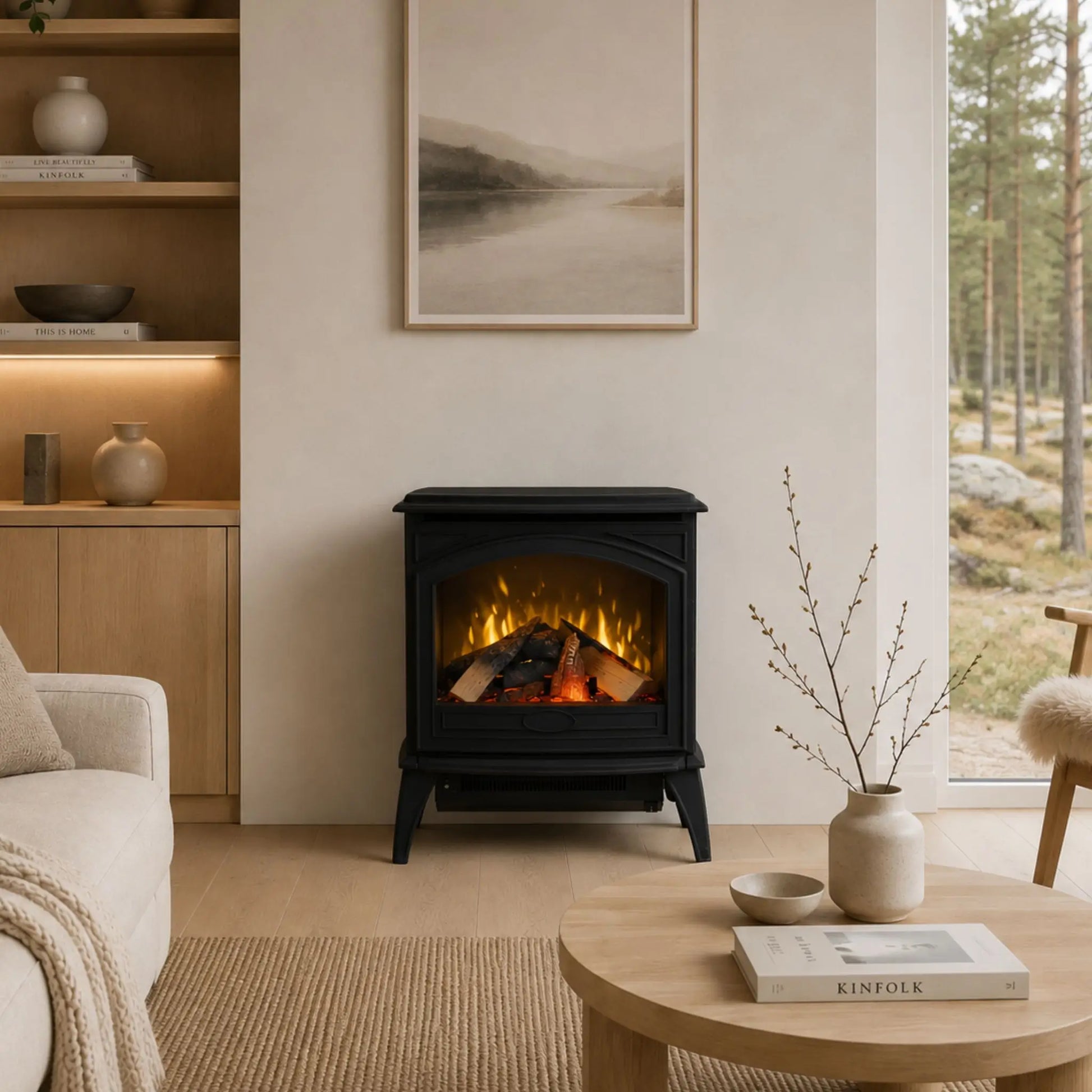 A black wood-burning fireplace with glowing orange flames and logs, set in a cozy, modern living room with a light wood coffee table, beige sofa, and a window showing a forest view.