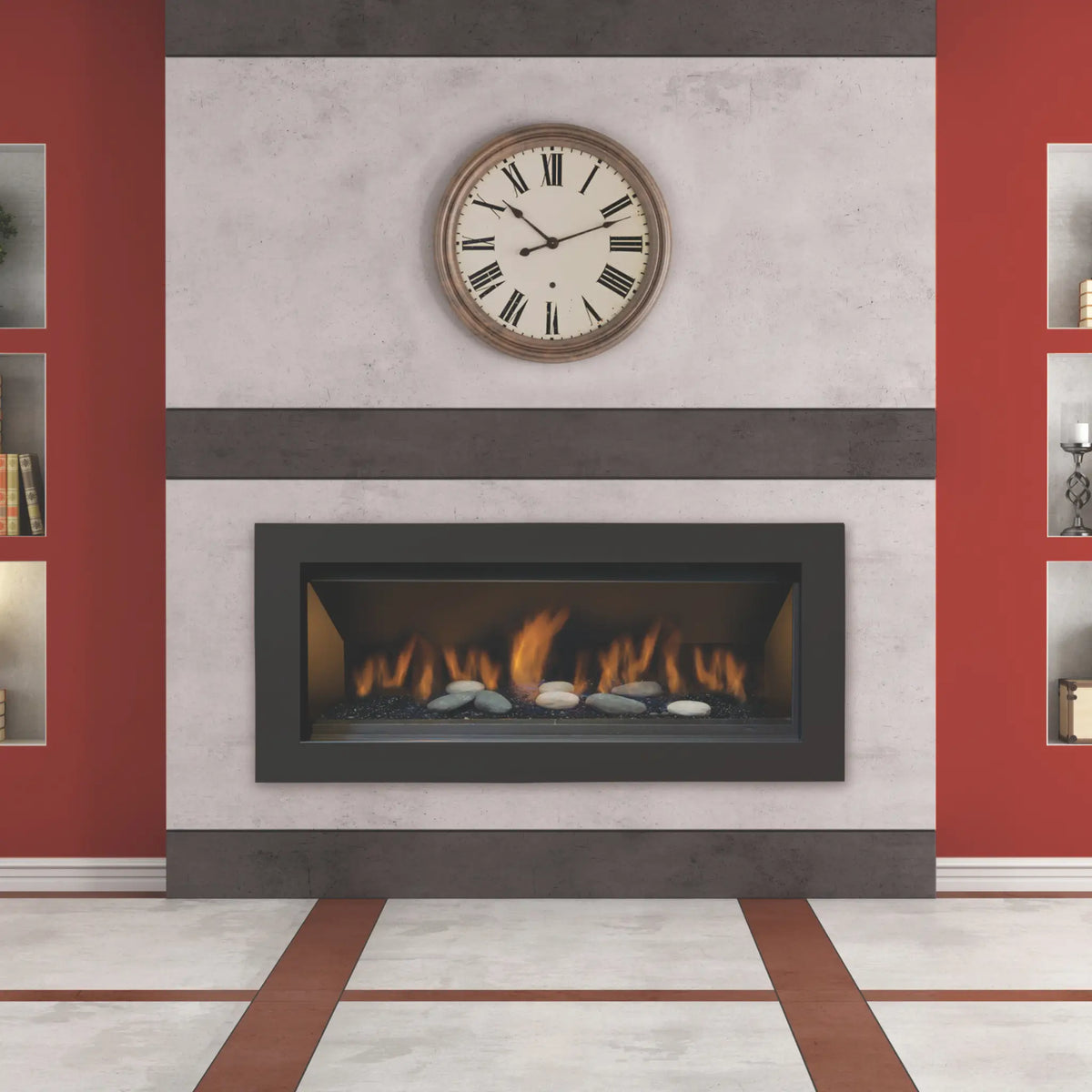 Sierra Flame Stanford linear gas fireplace set in a plaster feature wall with a wall clock