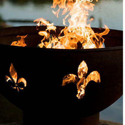 Fire Pit Art Fleur De Lis Steel Fire Pit – French Monarchy Design Outdoor Wood Burning Fire Pit – Alternate Angle