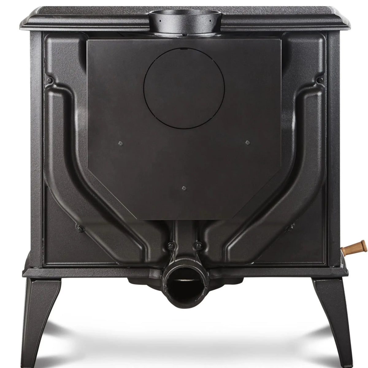 A black cast iron wood-burning stove with legs, a circular door on the front, and a small copper pipe connector on the side, shown against a white background.