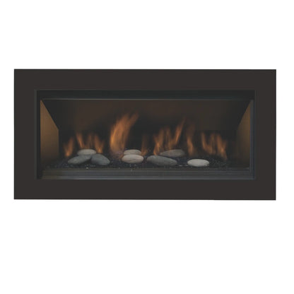Front view of a Sierra Flame linear gas fireplace with black surround, river stones and glowing flames