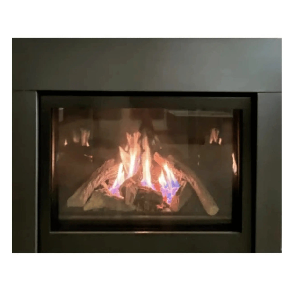 Close-up of Sierra Flame Thompson gas fireplace with log set and black surround