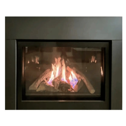 Close-up of Sierra Flame Thompson gas fireplace with log set and black surround