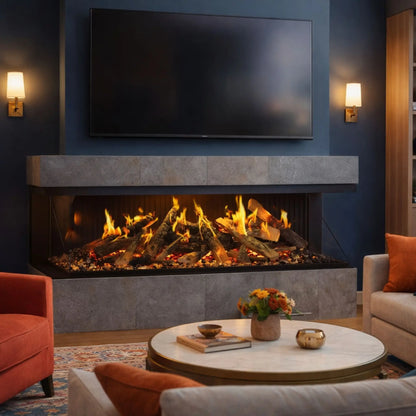 A 3-sided linear electric fireplace with orange and yellow flames set into a stone-tiled accent wall beneath a wall-mounted TV and wall sconces, in a navy blue living room with a brown sofa, orange throw pillows, and a round coffee table.